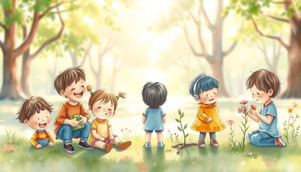 A serene, watercolor-style illustration depicting the stages of childhood emotional development. In the foreground, a diverse group of children aged 4 to 10 are engaged in various emotional activities: one child is joyfully playing with a toy, another is comforted by a friend, while a third is thoughtfully observing flowers, symbolizing curiosity and empathy. In the middle ground, gentle scenes of interaction between children showcase key emotional milestones such as sharing, bonding, and expressing feelings. The background features a soft, blurred park setting with trees and sunlight filtering through leaves, creating a warm and inviting atmosphere. The overall mood is uplifting and nurturing, capturing the essence of emotional growth through simple yet profound moments of childhood. Lighting is soft and diffused, enhancing the gentle and hopeful tones of the image. Image created by nextself.ai.